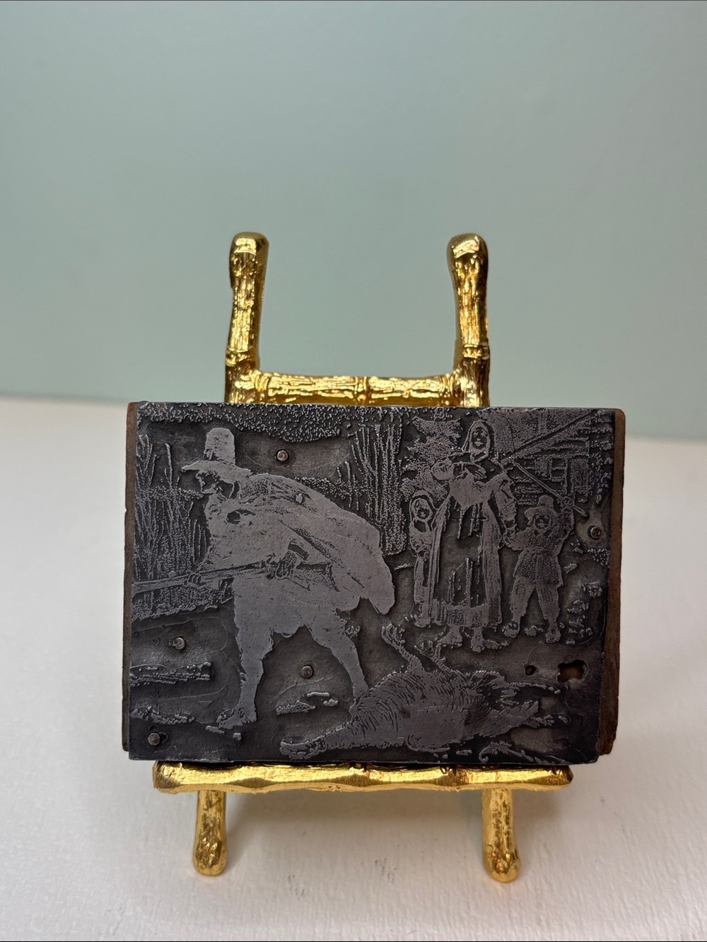 Vintage Metal-on-Wood Letterpress Printing Block features Colonial Scene